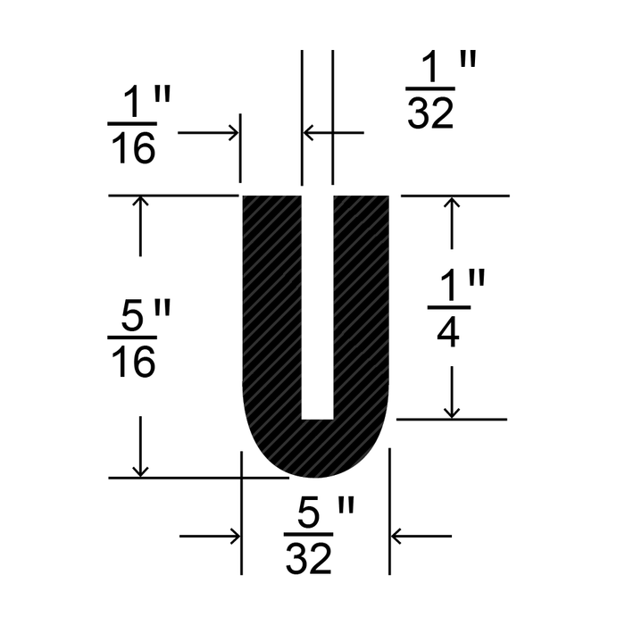 "U" Shaped Extrusion 5/32"Base x 5/16" O/A HT x 3/32" Wall EPDM Compound 65-75 Duro 100 Ft/Roll
