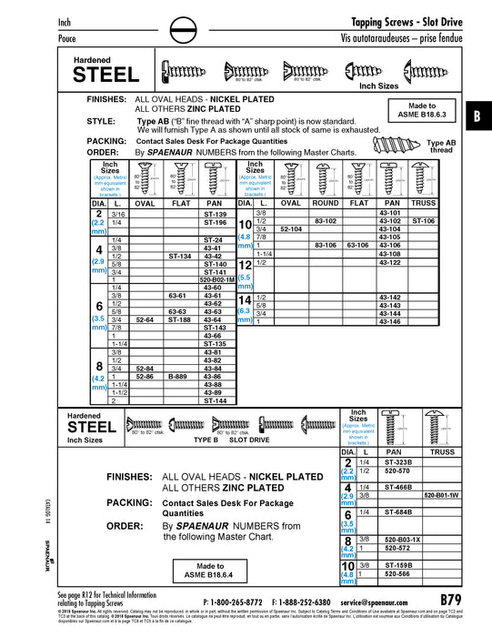Vis autotaraudeuse, tête plate à fente, type AB, n° 8 x 1 po de longueur, acier zingué
