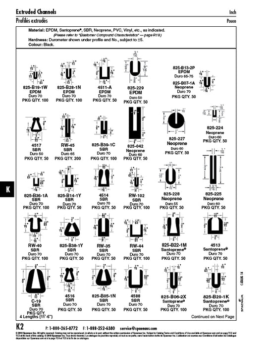Profilé extrudé en forme de « U » Largeur de fente 1/32 po x base 7/64 po x profondeur de fente 5/32 po x O/A 7/32 po HT 100 pi/bobine EPDM noir, Duro 70 +-5 par Spaenaur Inc.