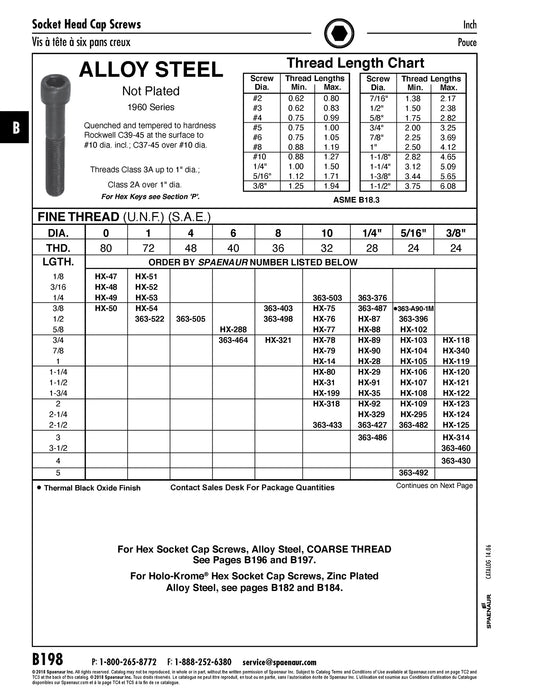 Hex Socket Cap Screw 1960 Series #1 - 72 UNF x 3/16" Alloy Steel Quench & Temp Plain ANSI B18.3-1986