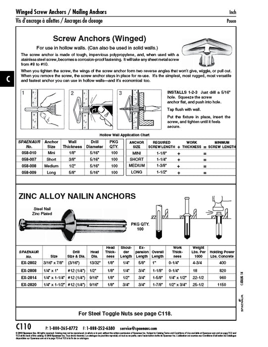 Toggle Screw Anchors, 3/8" Wall Thickness (Short Anchor Size), for #8-#10 Screw, Polypropylene