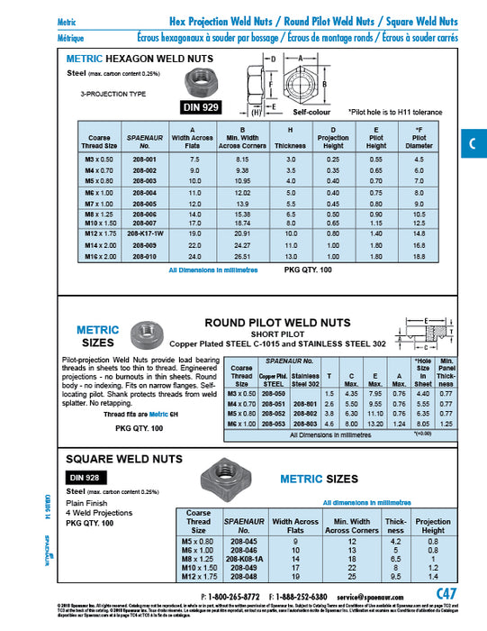 Square Weld Nut, DIN 928 M12 Steel Plain Finish DIN 928/8 M12