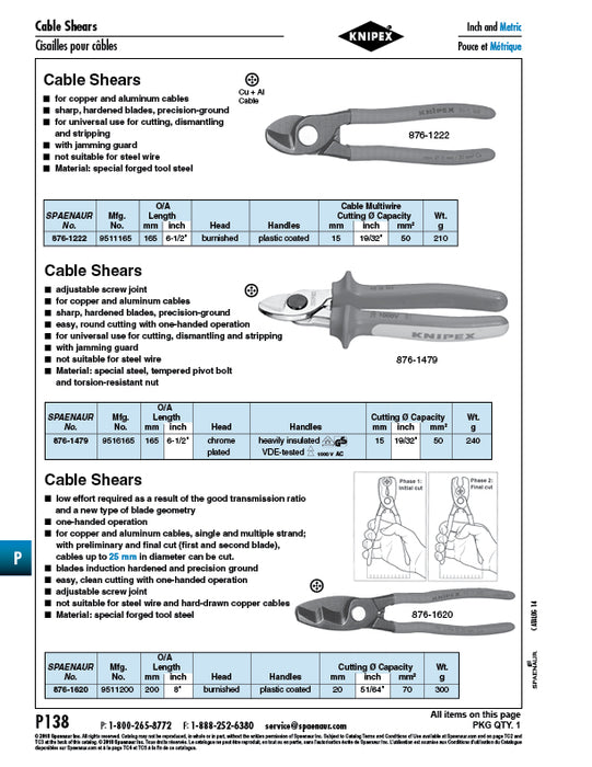Cisaille à câbles pour cuivre et aluminium Capacité de coupe de 15 mm de diamètre Longueur totale de 165 mm (6 1/2") Acier au vanadium, tête polie Poignées recouvertes de plastique par Spaenaur Inc.