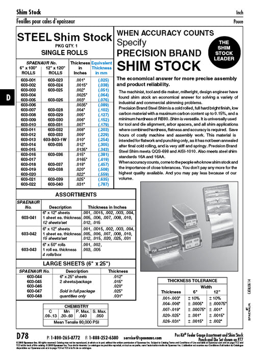 Shim Stock Assortment (4 Rolls) Thickness .001", .002",.003",.005" 6" x 50" Rolls Low Carbon Steel C1010 Not Plated by Spaenaur Inc.