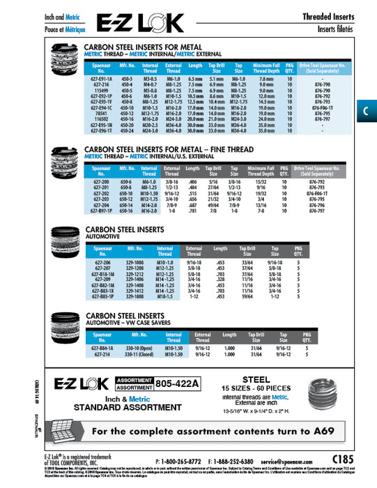 E-Z Lok Threaded Insert for Metal M8-1.25 Internal, M12-1.75 EXT Thd, 12.5mm LGTH, 10.4mm Tap Drill Size, Carbon Steel Black Oxide E-Z Lok # 450-8