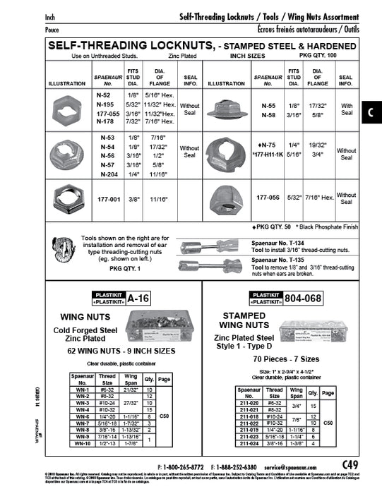 Self-Threading Locknut Hexagon Regular Type without Seal for 1/8" Stud, 5/16" Hex. Width A/F Steel, Mechanical Zinc Plated by Spaenaur Inc.