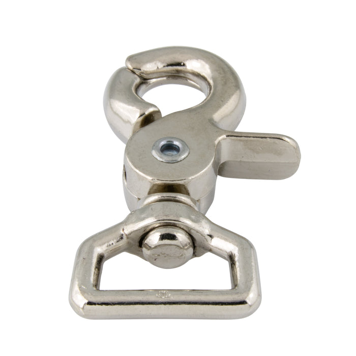 Mousqueton à goupille, œillet pivotant à boucle Œillet 3/4 po, longueur totale 2 5/8 po, ouverture du mousqueton 3/8 po Fonte malléable moulée, nickelée par Spaenaur Inc.