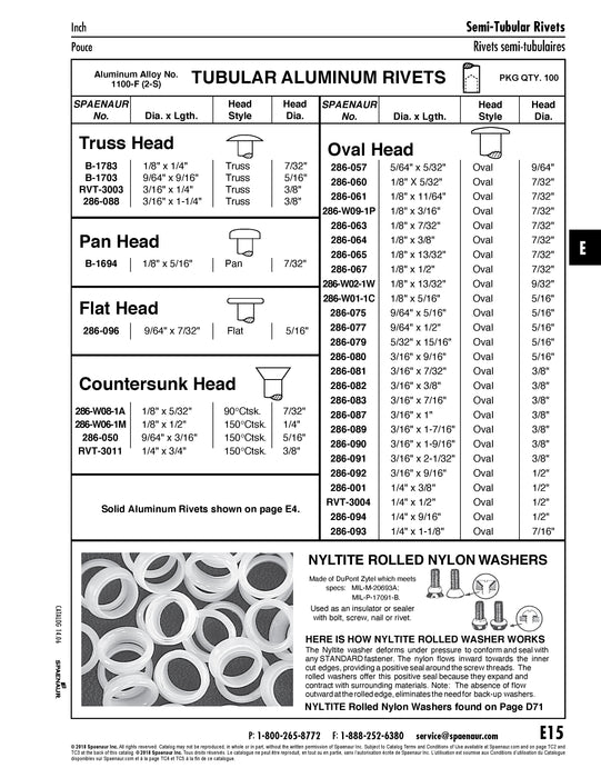 Rivet semi-tubulaire, tête ovale 3/16 po x 3/8 po L (diamètre de tête 3/8 po) Aluminium T5052 ANSI B18.7-2007