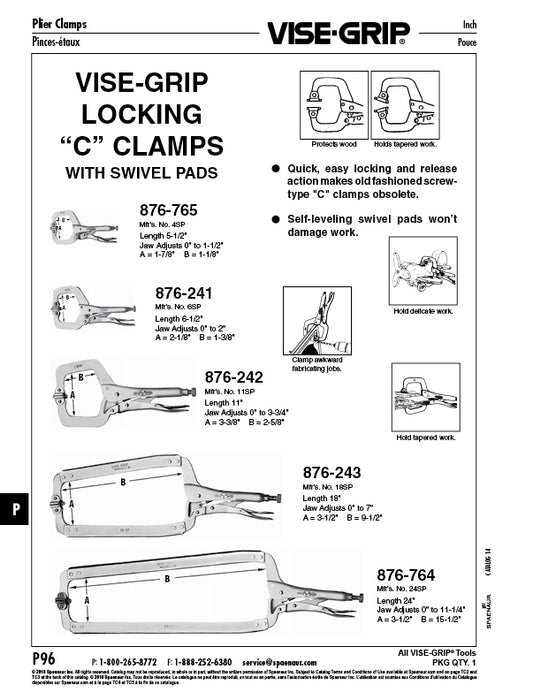 Vise-Grip Locking Clamp with Swivel Pads, 6-1/2" LG, 2-1/8" Jaw Alloy Steel Heat Treated