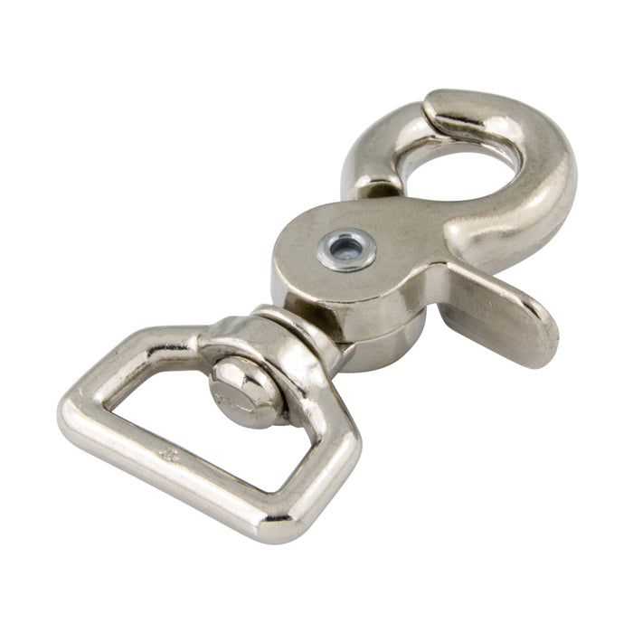 Mousqueton à goupille, œillet pivotant à boucle Œillet 3/4 po, longueur totale 2 5/8 po, ouverture du mousqueton 3/8 po Fonte malléable moulée, nickelée par Spaenaur Inc.