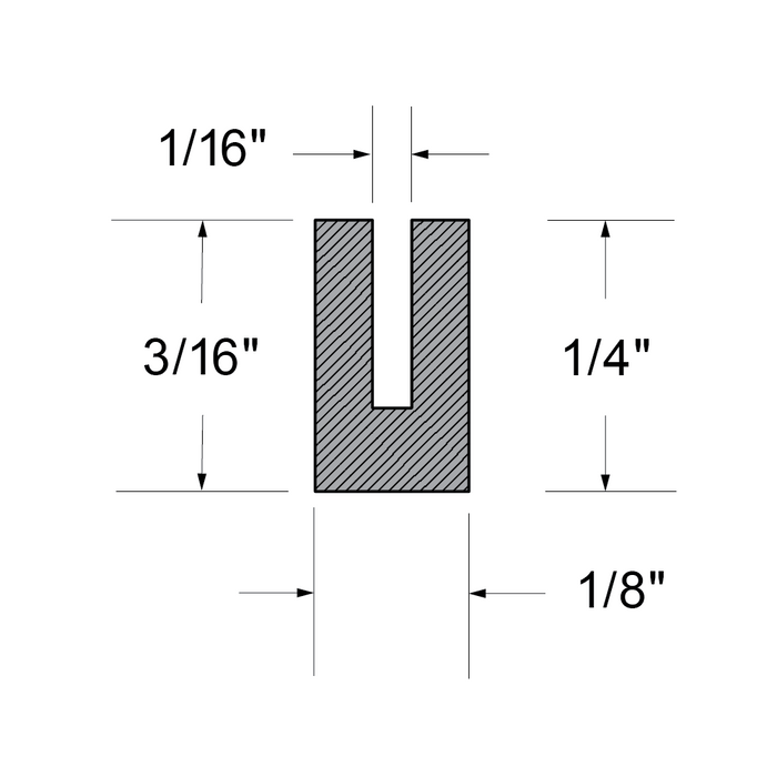 Profilé en U Largeur de fente 1/16 po x base 1/8 po x profondeur de fente 3/16 po x O/A 1/4 po HT 50 pi / bobine Néoprène noir, Duro 60 +/- 5 par Spaenaur Inc.