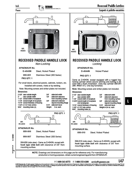 Paddle Handle Recessed Lock with Hook Type Slide Bolt Steel Nickel Plated by Spaenaur Inc.