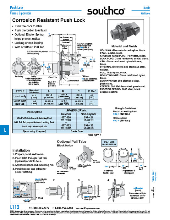Push Lock Latch Keylocking 1.13" Flange OD Nylon/Acetal Black