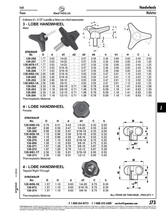 3-Lobed Hand Wheel, Male 1.77" Width with 1/4"-20 x 0.50 Stud, 0.83" Overall Height Thermoplastic Material Black