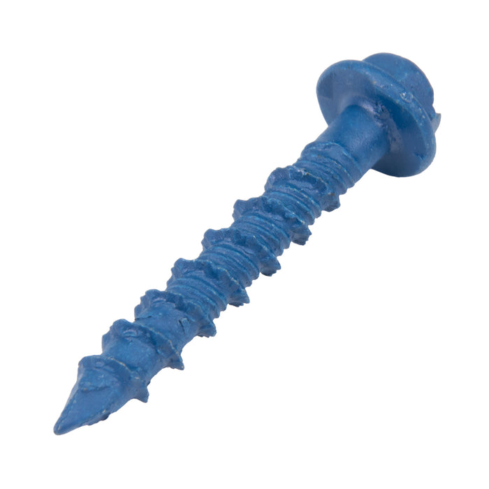 Vis d'ancrage pour béton Tapcon, empreinte fendue, tête hexagonale à rondelle, filetage Hi-Lo, diamètre 1/4" x longueur 1-3/4", acier C1022 bleu CLIMASEAL® de Tapcon®