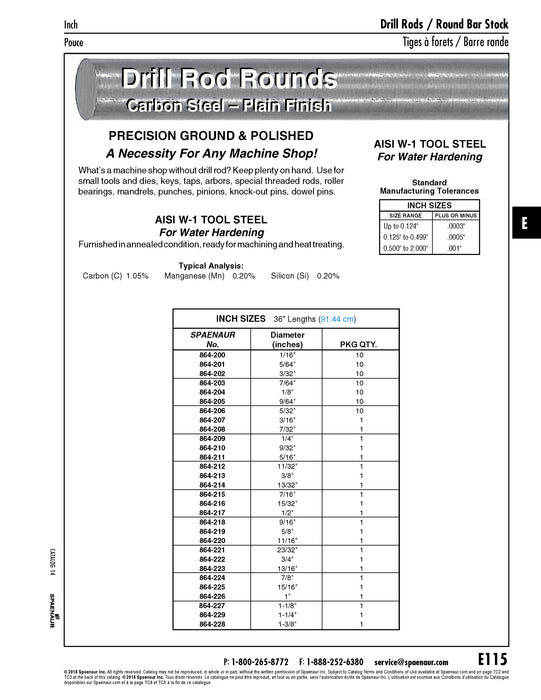 Drill Rod, Round 5/32" DIA x 36" LGTH Carbon Steel AISI W-1 Annealed, Ground & Polished