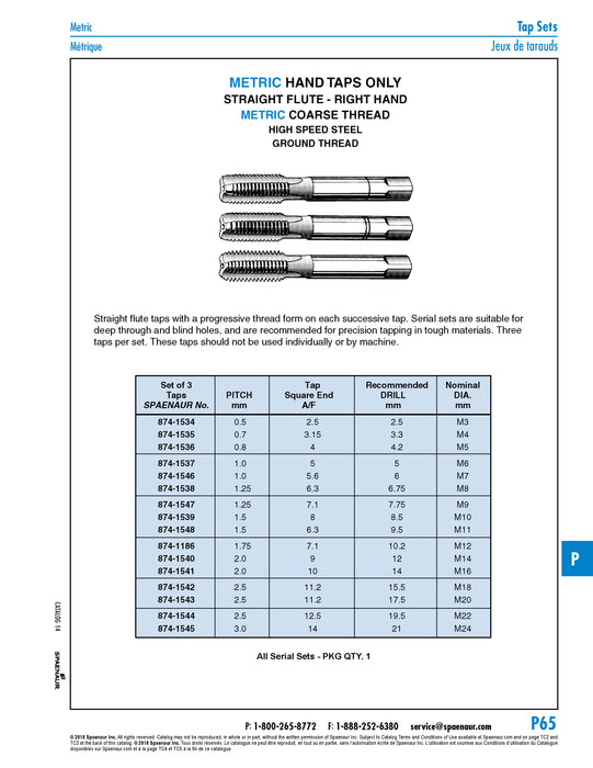 3 Piece Serial Tap Set M5 x 0.80 High Speed Steel, Ground Thread