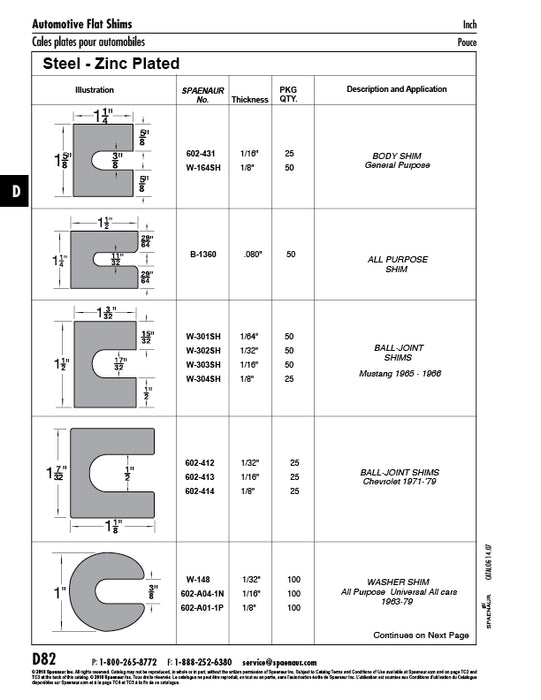 Shim, Ball-Joint, 1 1/8" LG x 1 7/32" W., 1/16" Thickness, 1/2" Slot Width Low Carbon Steel Zinc Plated by Spaenaur Inc.