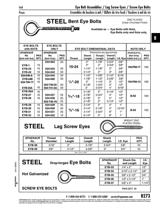 Bent Eye Bolt with Hex Nut 10/Pk 1/4"-20 x 2 5/8" O/A Length, 3/8" Eye ID Steel Zinc Clear Plated (#024-060 & #155-P06-1C)