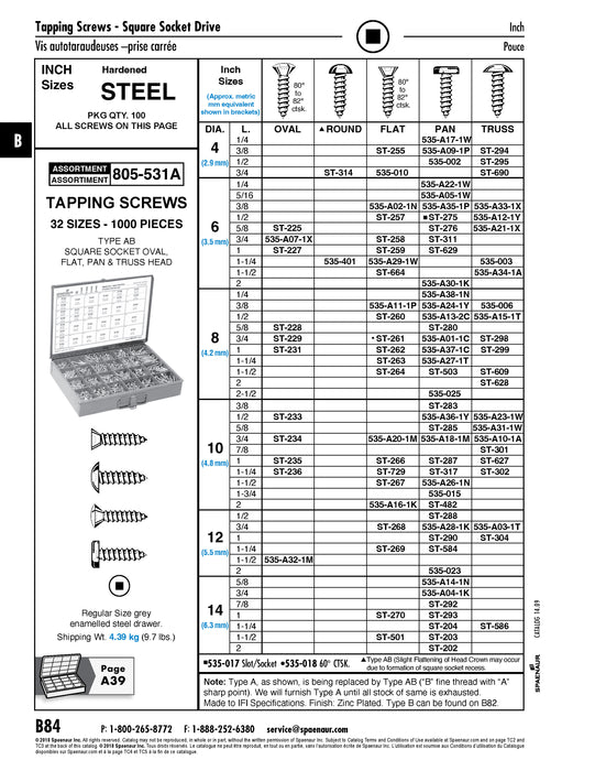 Tapping Screw, Flat Head Square Socket Drive, Type AB, #10 x 1-1/4" Length, Steel Zinc Plated