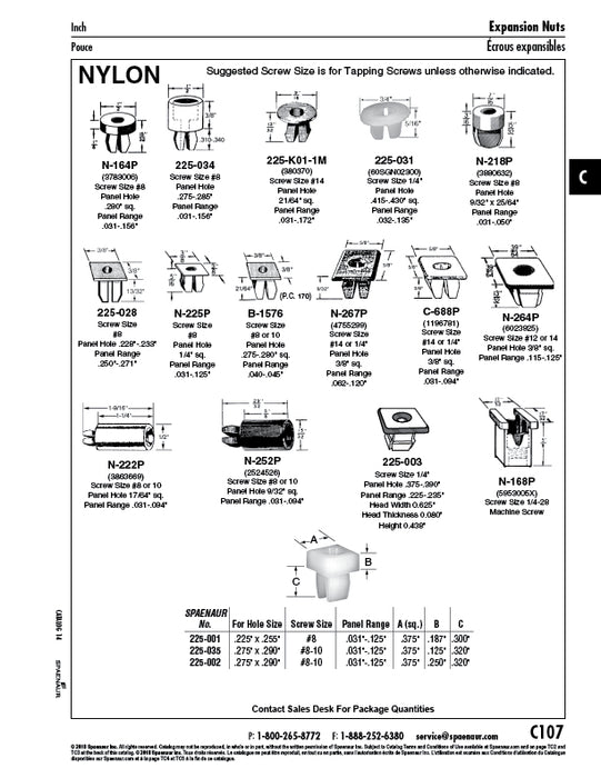 Écrou à expansion en nylon n° 14 ou 1/4" (plage de panneaux 0,031-0,094) Nylon naturel