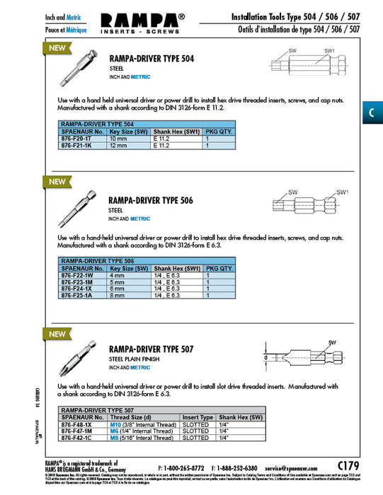 Rampa Power Drive Tool for Slotted Inserts, 1/4" Hex Drive, for M6 (1/4") Internal Thread, Steel Plain Finish