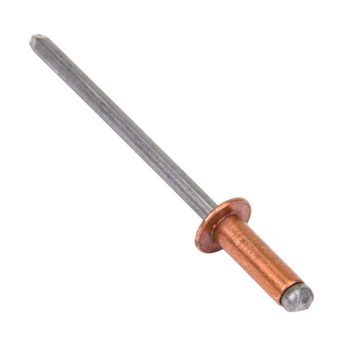 Rivet pop à tête bombée, extrémité ouverte 1/8 po D x 0,265 po L x 0,020-0,125 po de prise Corps en cuivre/mandrin en acier plaqué Spécification IFI 114 Grade 11