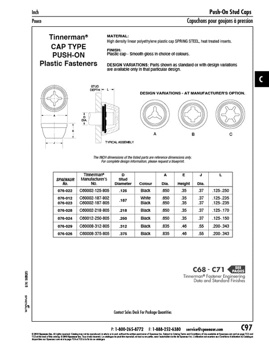Cap Type Push-On Nut, Black for .218" (7/32") Stud DIA. Spring Steel Insert, Plastic Cap by Spaenaur Inc.