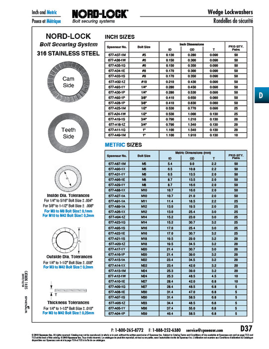 Nord-Lock Washer, Heat Treated, Bolt Size 3/8", Glued Pairs .406" ID x .827" OD x .098" TH 316 Stainless Steel