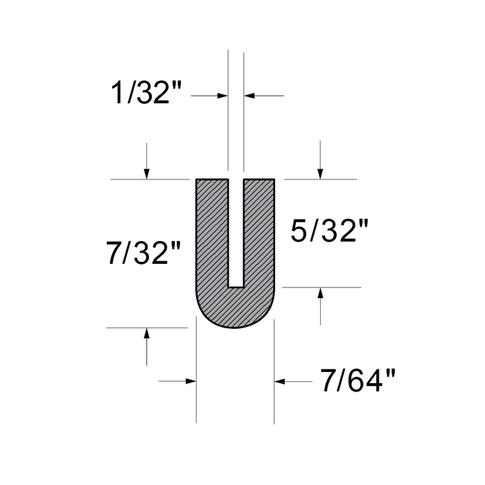 Profilé extrudé en forme de « U » Largeur de fente 1/32 po x base 7/64 po x profondeur de fente 5/32 po x O/A 7/32 po HT 100 pi/bobine EPDM noir, Duro 70 +-5 par Spaenaur Inc.