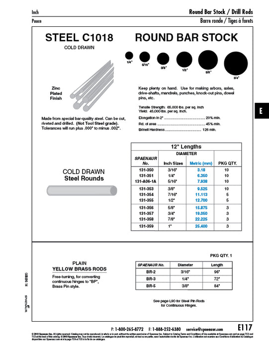 Rod Pin for Continuous Hinge 3/16" DIA x 96" LONG Brass, Plain Finish