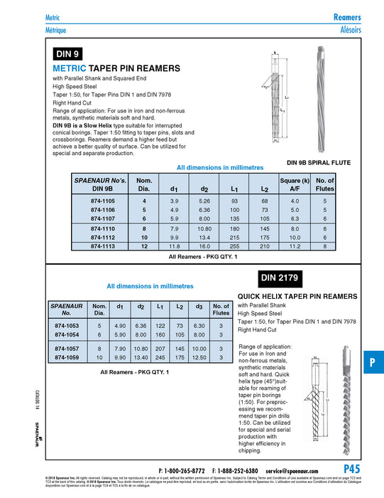 Taper Pin Reamer, Spiral Flute: Taper 1:50, DIN 9-form B 5 mm High Speed Steel Plain DIN 9B 5