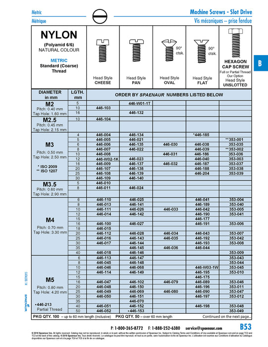 Machine Screw, Slot Pan Head M3 x 0.50 x 6mm Nylon 6/6 Natural