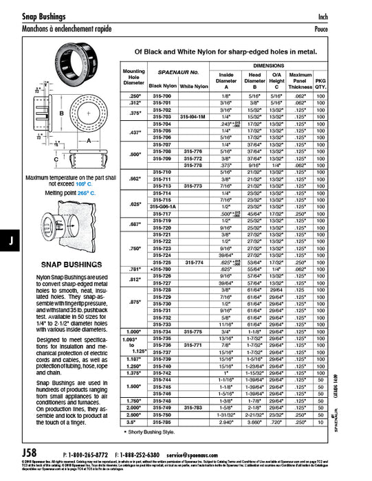 Snap-In Bushing .625" Hole DIA x 1/2" ID x 23/32" Head DIA x 13/32" HT x .125" Max Grip THK, Nylon Black
