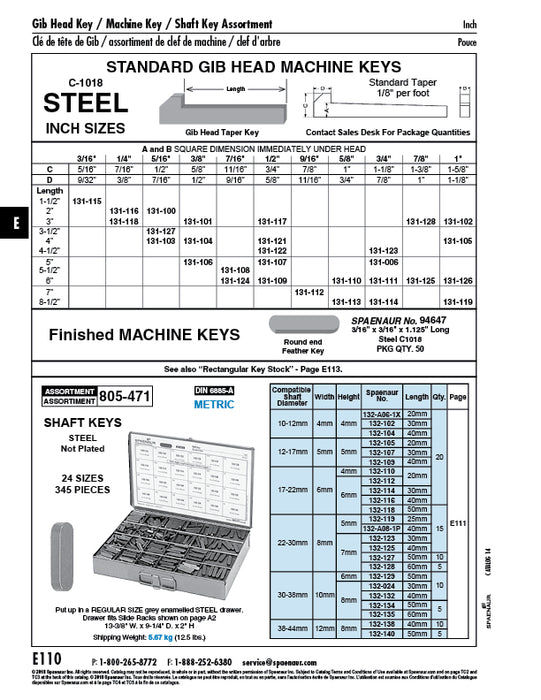 Standard Gib Head Machine Key Standard Taper 1/8" Per Foot 7/8" x 7/8" x 3" LONG C-1018 Steel