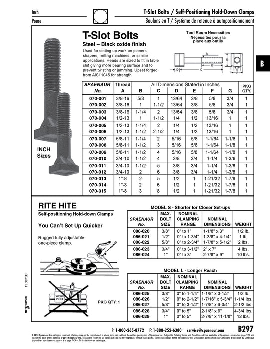 Ritehite Hold Down Clamp, Model L Max. Stud Size 3/8", Max. Clamping Height 1-1/4" Ductile Iron Body by Spaenaur Inc.