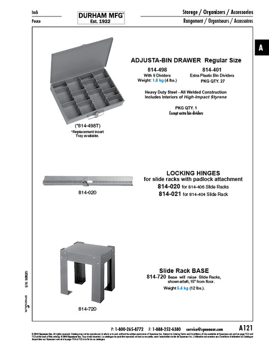 Tiroir Adjusta-Bin avec loquet et 9 séparateurs droits – 13 5/16" de largeur x 9 1/4" de profondeur x 2" de hauteur – en acier, émail cuit au four gris, par Spaenaur Inc.