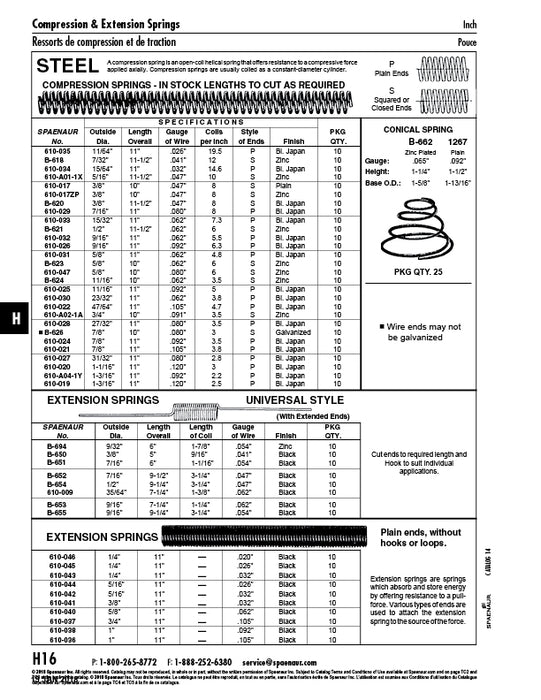 Utility Spring, Compression Type, Squared or Closed Ends, 3 Coils/In 7/8" OD, 10"L O/A, 0.080"Gauge Wire MB Hard Drawn Spring Steel Wire Galvanized Wire