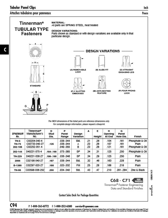 Dispositif de retenue tubulaire pour goujon DIA .180", panneau .020-.032" en acier à ressort traité thermiquement, fabriqué par Spaenaur Inc.