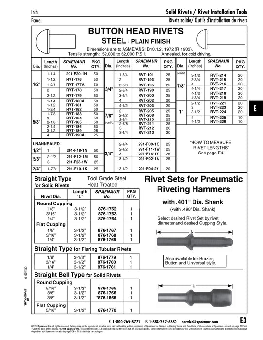 Rivet Set for Flat Head Rivets .401 Shank Straight Type 3 1/2" LG (for 1/8" DIA Rivet) Tool Grade Steel Heat Treated