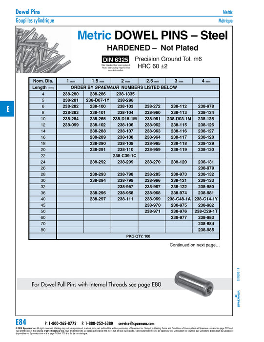 Hardened Dowel Pin, DIN 6325 1mm x 4mm LG, M6 tolerance Steel Plain, Precision Ground DIN 6325/ST 1M6X4