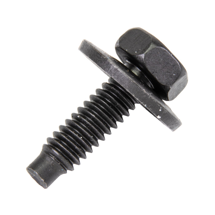 Sems Indented Hex Hd Machine Screw, With 3/4" OD Flat Washer, Dog Point, 1/4"-20 UNC X 15/16", Low Carbon Steel Black Phosphate, And Oil by Spaenaur Inc.