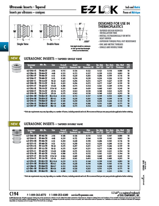 Ultrasonic Tapered Short Metric Insert M6 x 1.00 Pitch x 7.6mm" Length Brass E-Z Lok # Th-M60-Sv
