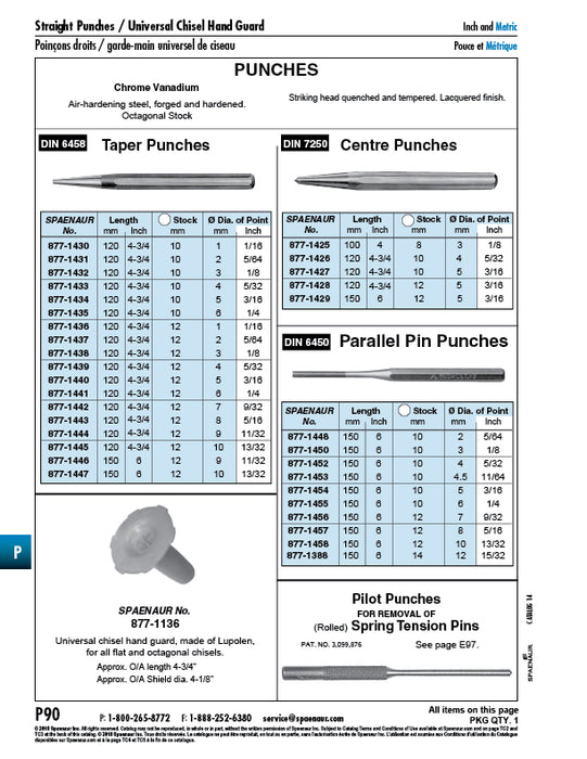 Taper Punch DIN 6458 9mm DIA x 120mm LGTH Air Hard Steel, Gold