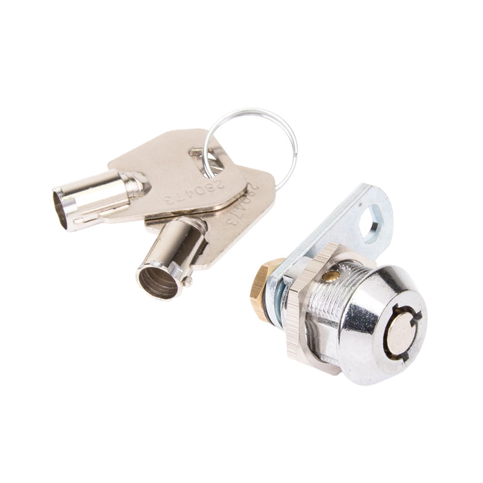 Serrure à goupilles radiales (RPT), tête conique, came plate de 28 mm x longueur de 18 mm x épaisseur maximale du panneau de 3,5 mm, clés différentes, sans clé passe-partout, finition chrome brillant