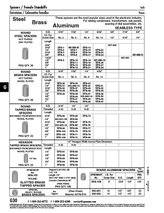 Round Spacer, Tapped, Seamless, #8-32 UNC, 1/4" OD x 1/2" LONG, Brass, Nickel Plated Machined From Brass Rod