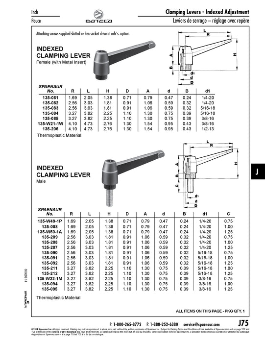 Indexed Clamping Lever, Male 3.03" Length, 5/16"-18 x 3/4" Stud 1.81" Overall Height Thermoplastic Material Black