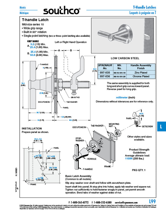 T-Handle Latch (Mid-Size Series 10) Single Point Latching 3" Handle Low Carbon Steel Handle Chrome Plated