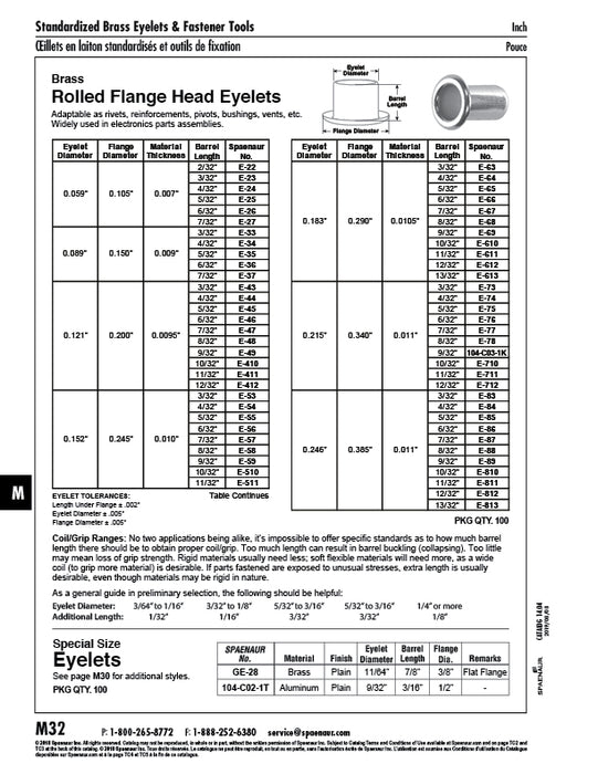 Regular Rolled Flange Eyelet, 6/32" Nom. Hole Size x 0.183" Barrel OD x 12/32" Barrel Length x 0.290" Flange Dia., Brass