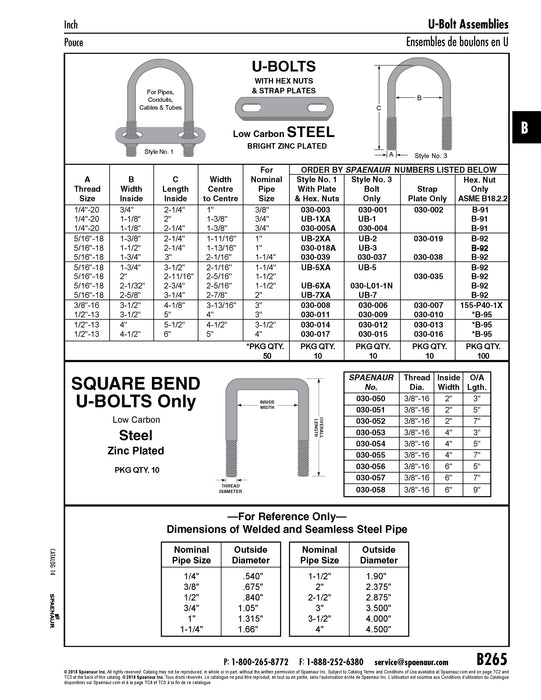 Round Bend U-Bolt 1/2"-13 UNC Thread DIA x 4 1/2" Inside Width x 6" Inside Length Steel Zinc Plated